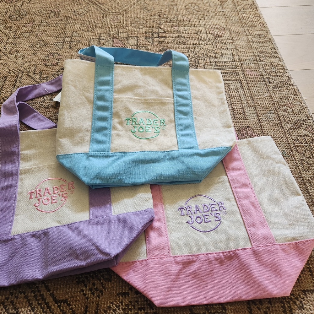 Trader Joe's Canvas Tote Bag Set - Blue, Pink, Purple